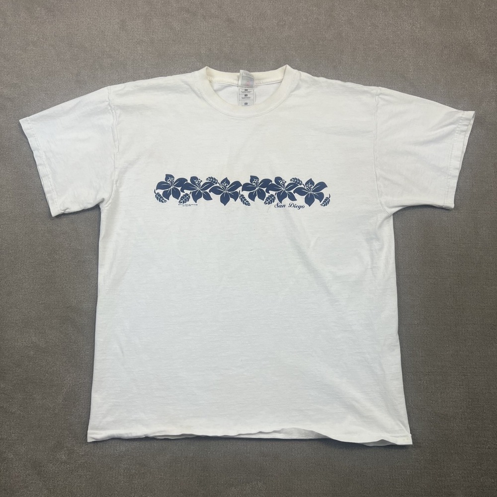 Fruit of the Loom San Diego T Shirt Mens XL White Hibiscus Floral Cotton Graphic